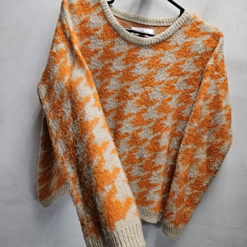 Chloe + Cyrus Houndstooth Sweater XXL orange/beige preppy knit top